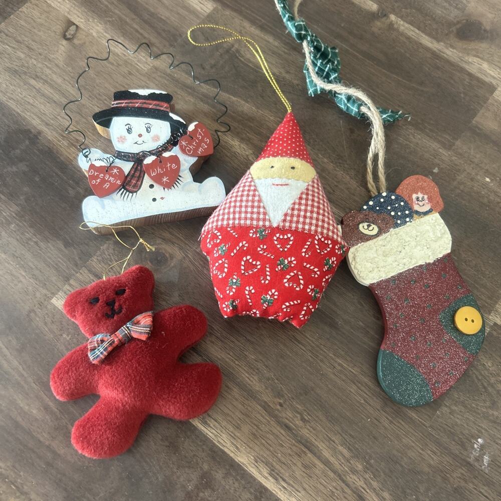 Vintage 90's Christmas Ornaments - Wood Snowman Handmade Bear Stocking